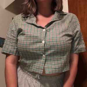 green plaid lapel collar crop shirt